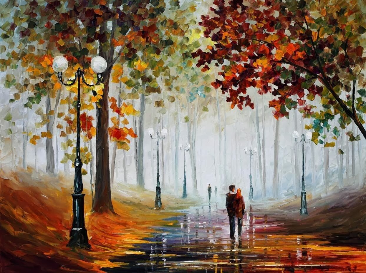 Landscape painting street light couple fall path leonid Custom Gaming Mat Desk