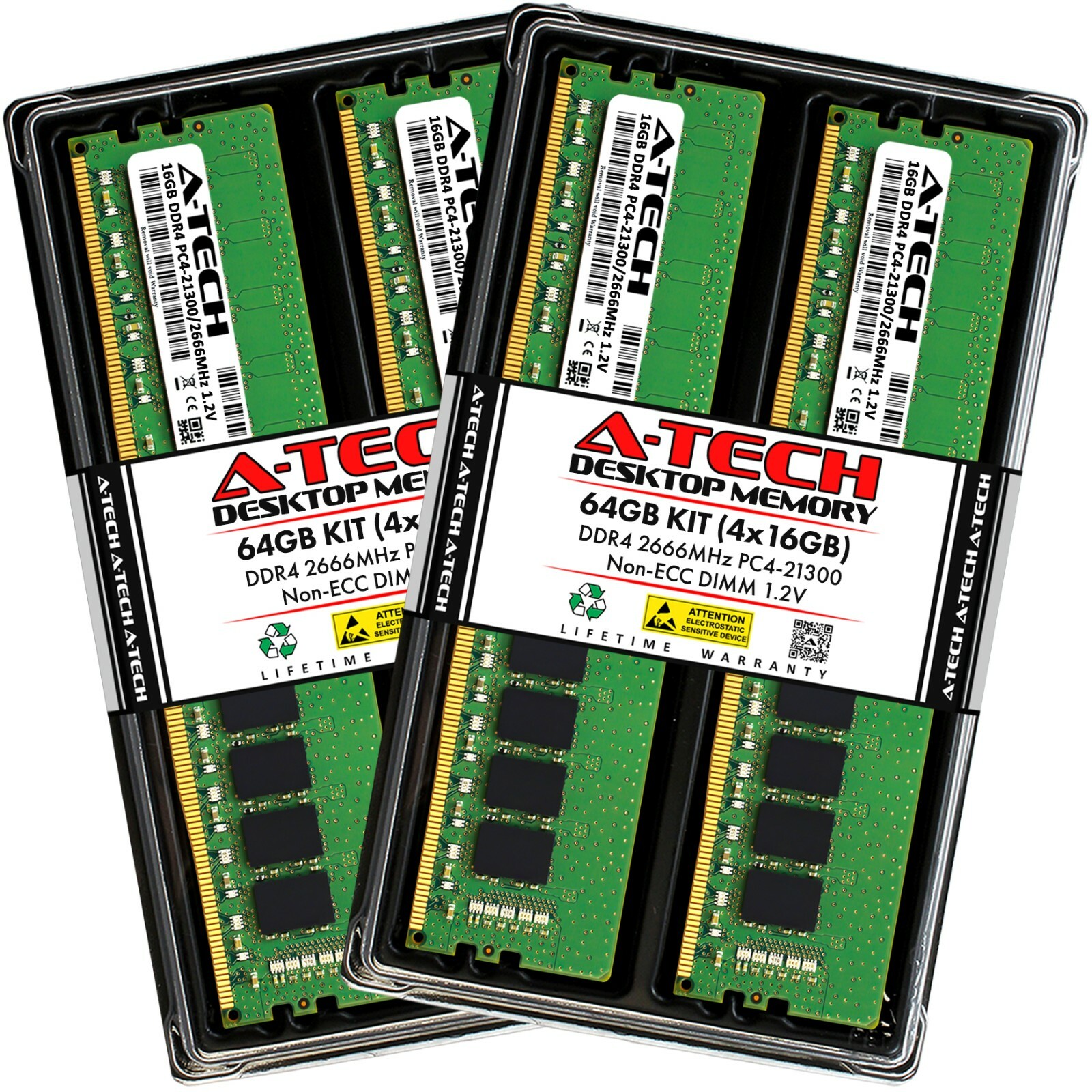 A-Tech 64GB 4x 16GB DDR4 2666 MHz Desktop PC4-21300 DIMM 288-Pin Memory RAM Kit