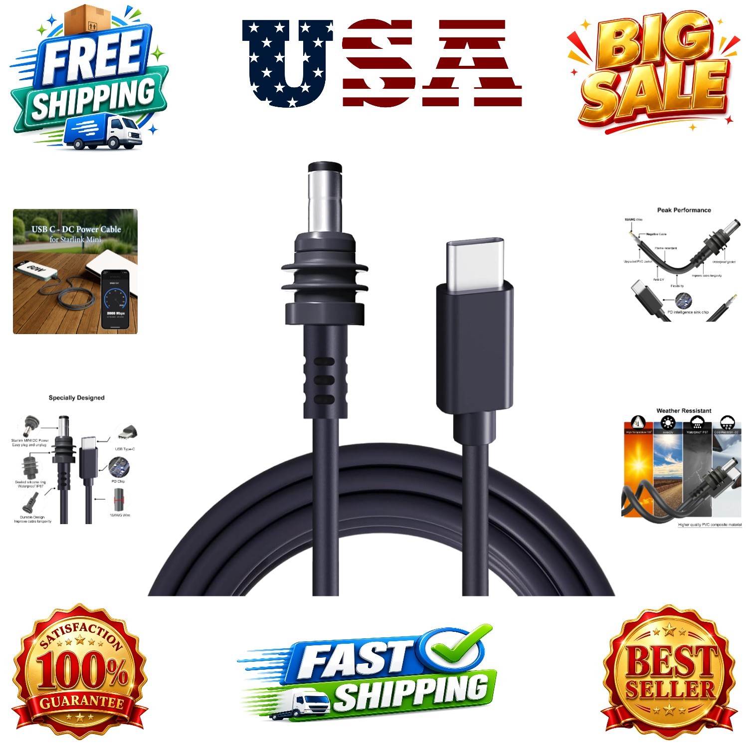 Starlink Mini USB C to DC Power Cable, 3.2ft Starlink Mini Type-C to DC Power...
