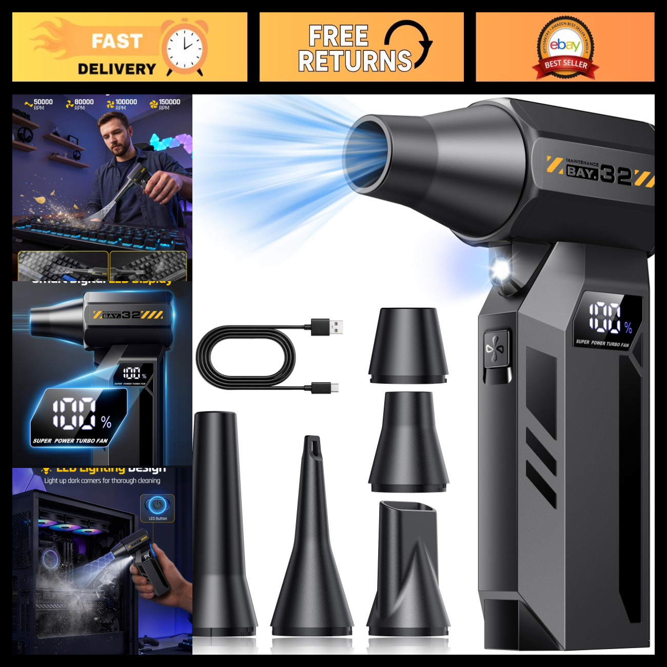 High-Power 150,000 RPM Compressed Air Duster with LED Light & 4-Speed Settings