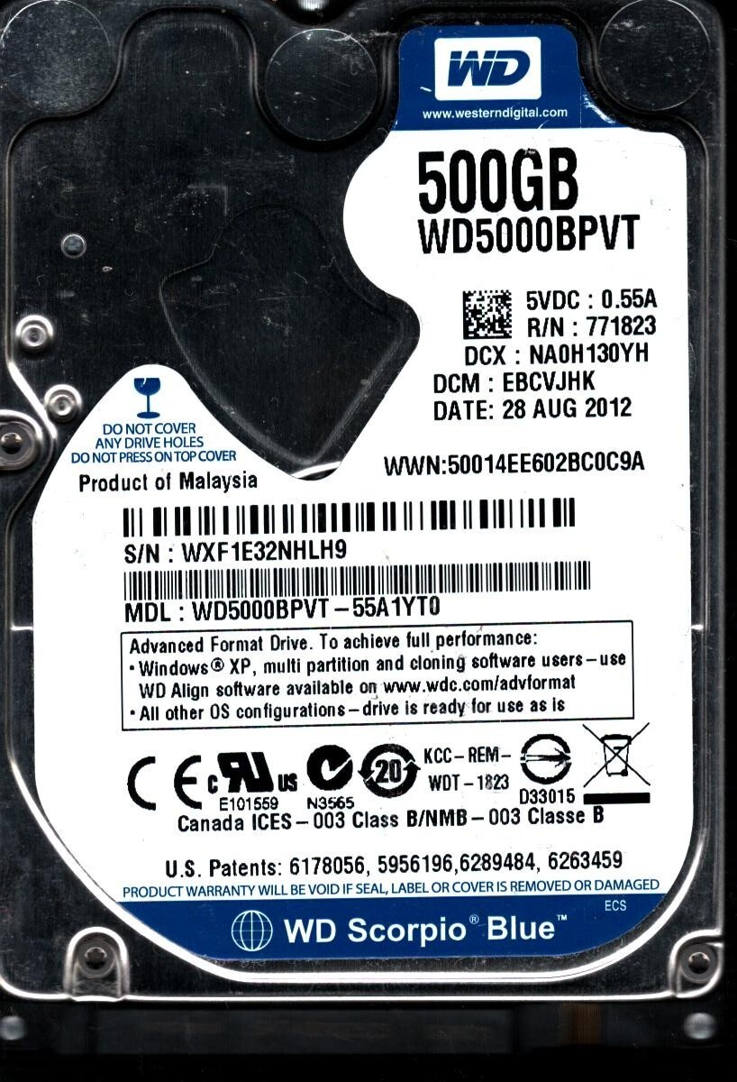 WD5000BPVT-55A1YT0 S/N:WXF1E DCM:EBCVJHK WESTERN DIGITAL 500GB MALAYSIA AUG 2012