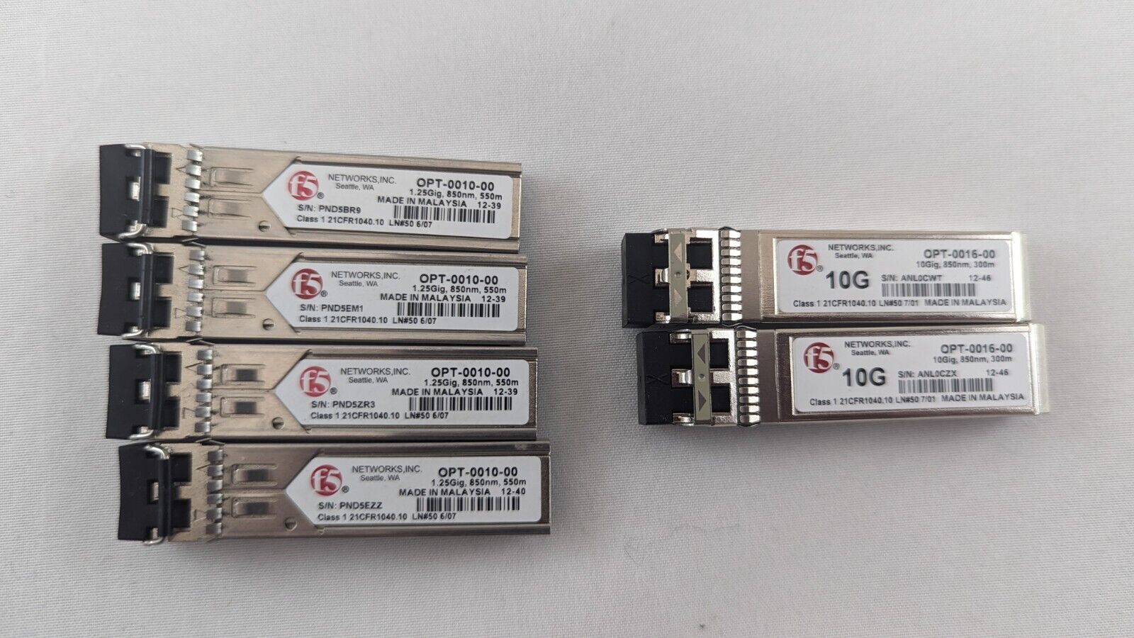 Lot of 6 F5 Networks (2) OPT-0016-00 10Gig | (4) OPT-0010-00 1.25Gig 850nm SFPs