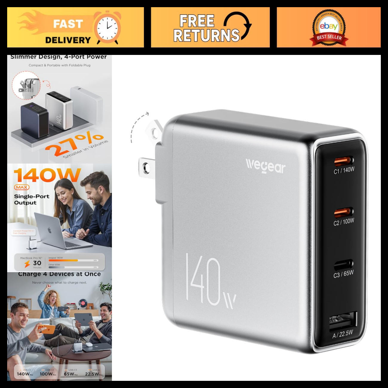 140W USB-C Laptop Charger, Slim 4-Port PD 3.1 GaN Power Adapter, Fast Charging