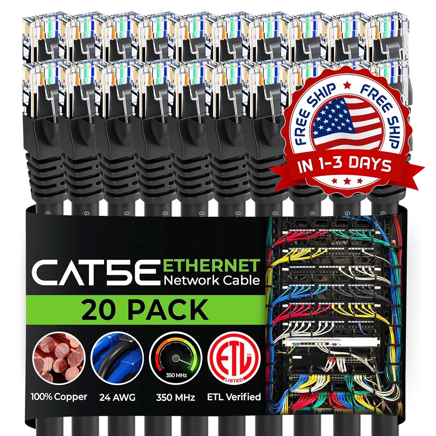 Cable de conexión Ethernet Cat5e de 7 pies, paquete de 20, alta velocidad NEW US