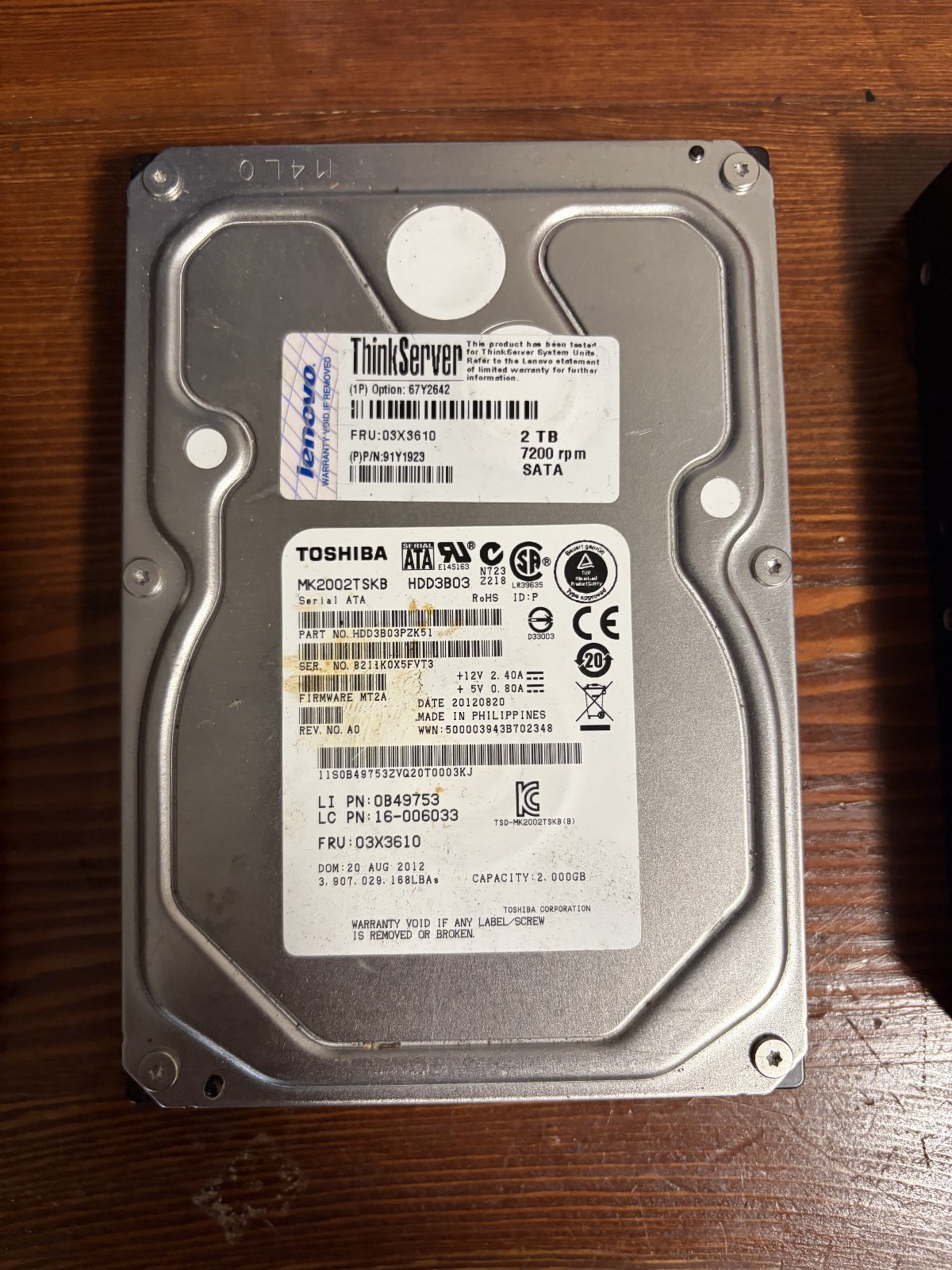 Toshiba HDD3B03 2TB Internal 7200RPM 3.5" (MK2002TSKB) HDD
