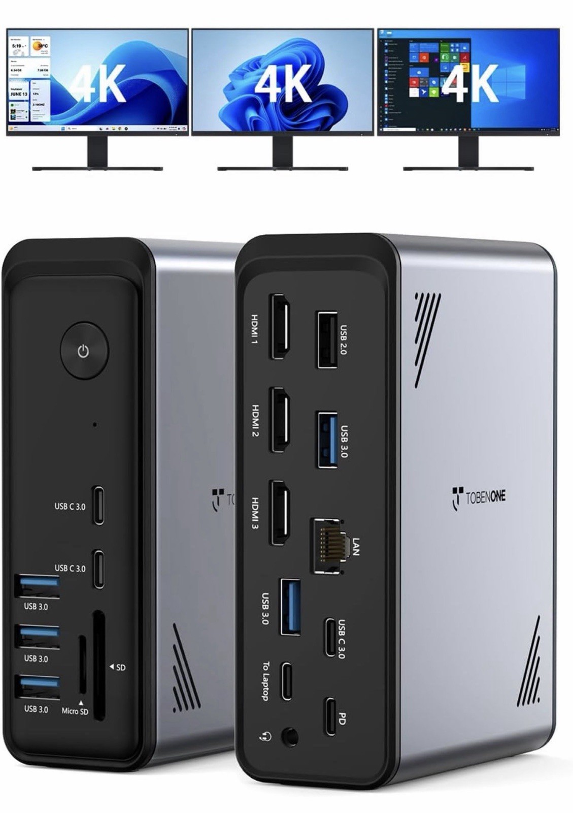TobenONE 18 in 1 Laptop Docking Station 3 Monitors, Triple 4K Display with 3 ...