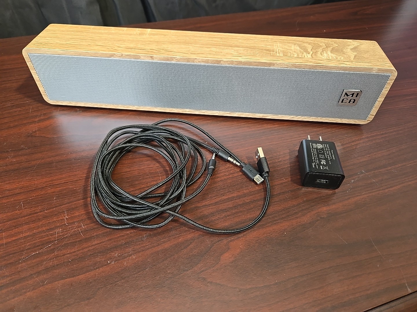 MICA Computer Speaker Wired Sound Bar, Wooden Mini Soundbar, USB Cables Open Box