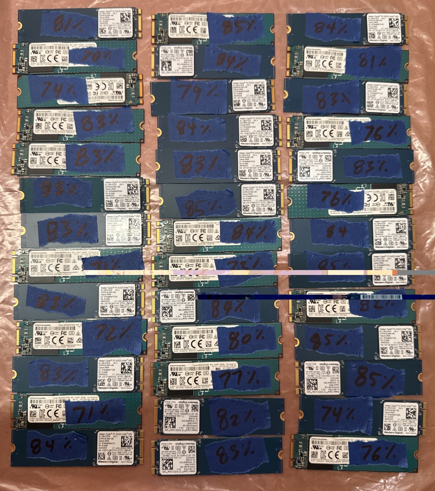 Lot of (39) 256GB M.2 SSD, Kioxia, & WD, Good Health (70%-85%)