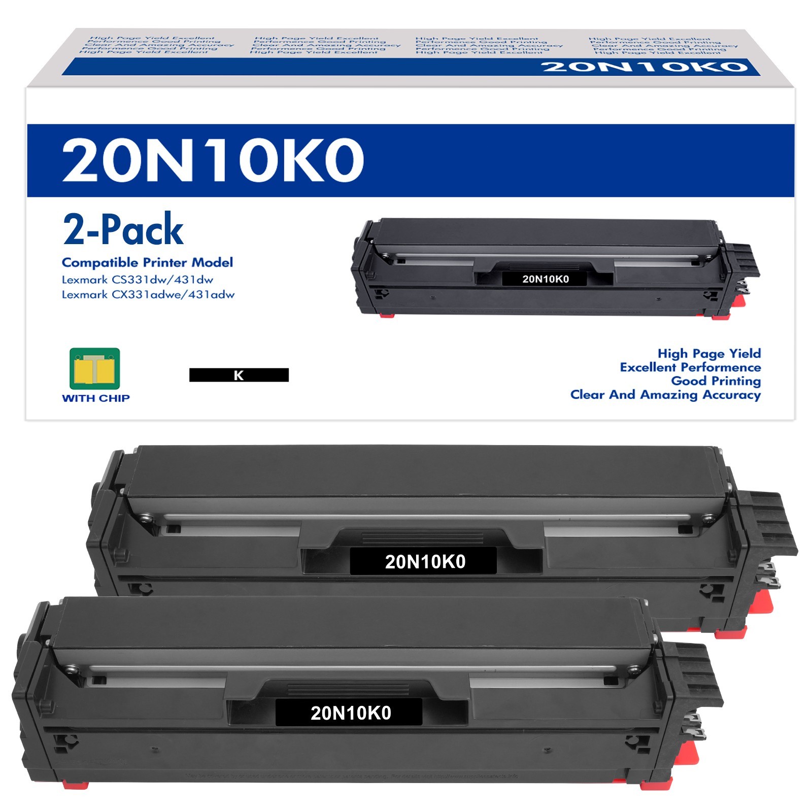 20N10K0 Black High Yield Toner Compatible for Lexmark 20N10K0 20N1XK0 2-Pack 