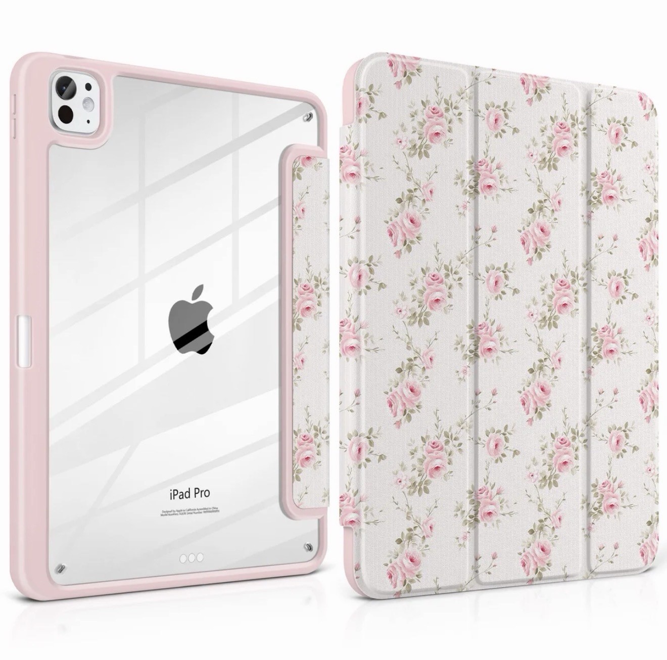 Pink/White Floral Rose Print Folding Folio Case Cover for Apple iPad Pro