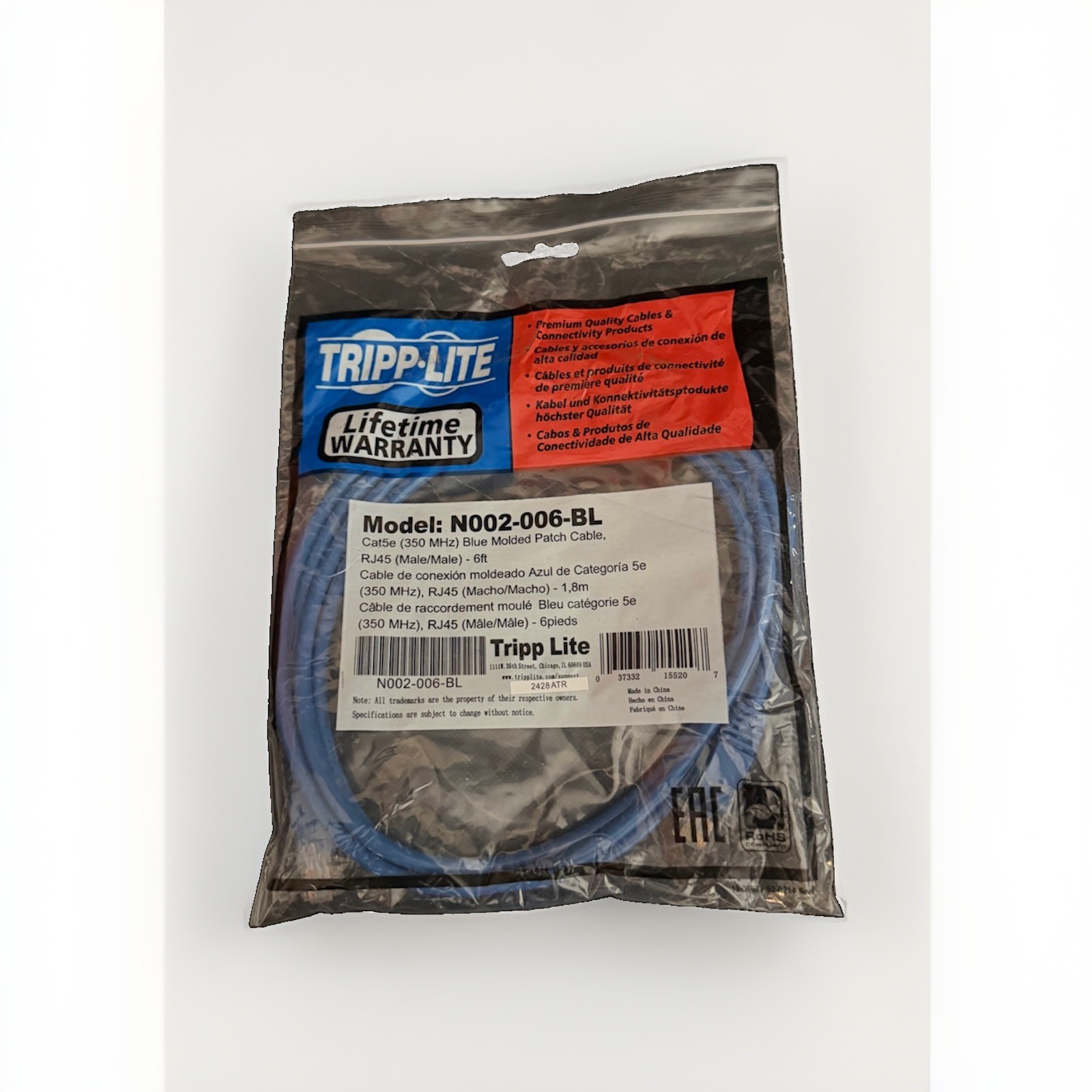 Tripp Lite Cat5e RJ45 Male-to-Male Round Ethernet Patch Cable 6 ft Blue 52 Count