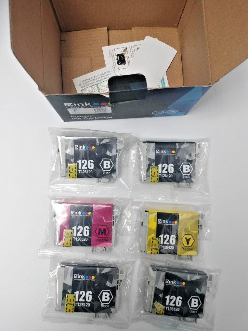 6 Ezink 126 Ink Cartridges for Epson 126 - 4 Black, 1 Yellow, 1 Magenta SEALED