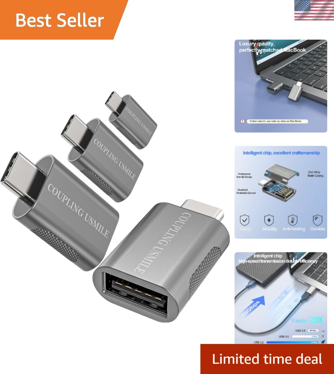 Compact USB C to USB Adapter Set - 4-Pack with 10Gbps Speed & Travel-Friendly