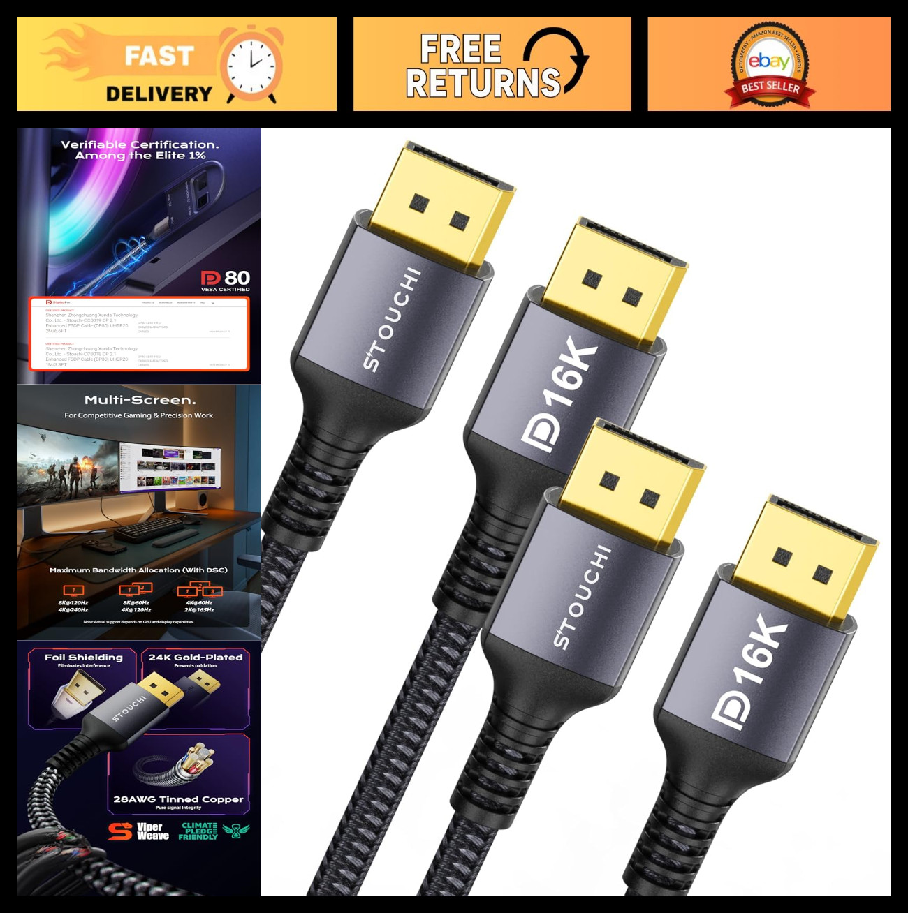 2 Packs 10FT VESA Certified DisplayPort 2.1 Cable 80Gbps DP Cord