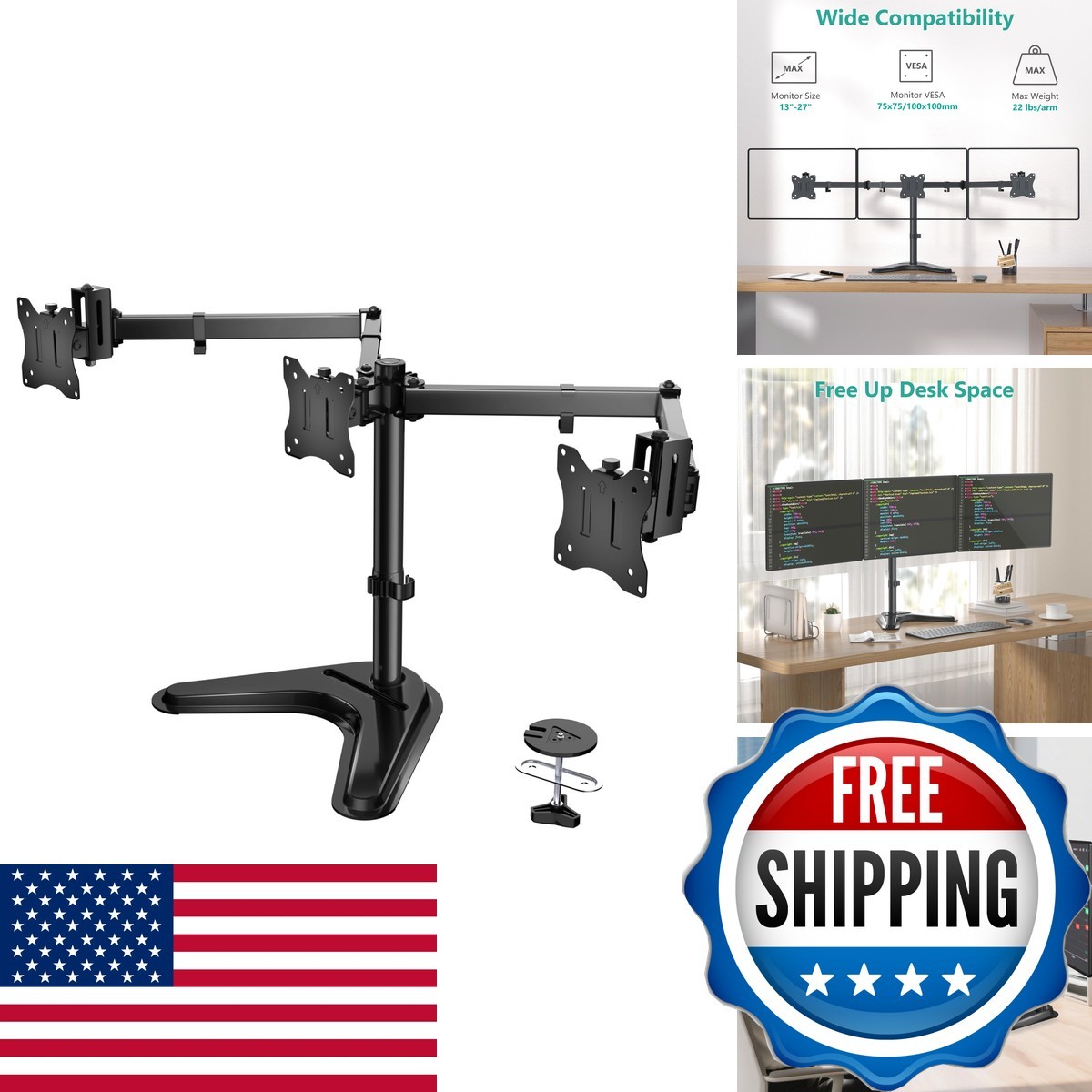 WALI Freestanding Triple Monitor Stand for 13-27 inch Screens, 22lbs per Arm