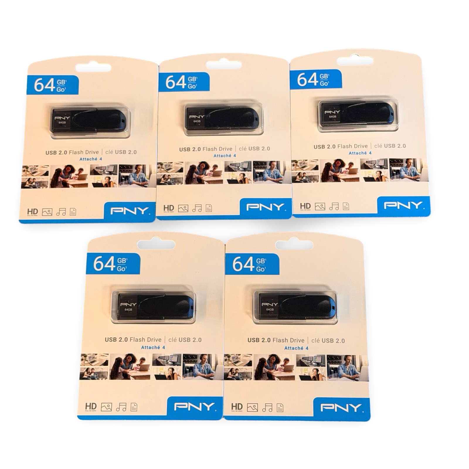 PNY Attache 4 USB 2.0 Flash Drive 64GB Lot of 5 HD New Sealed Mac Windows
