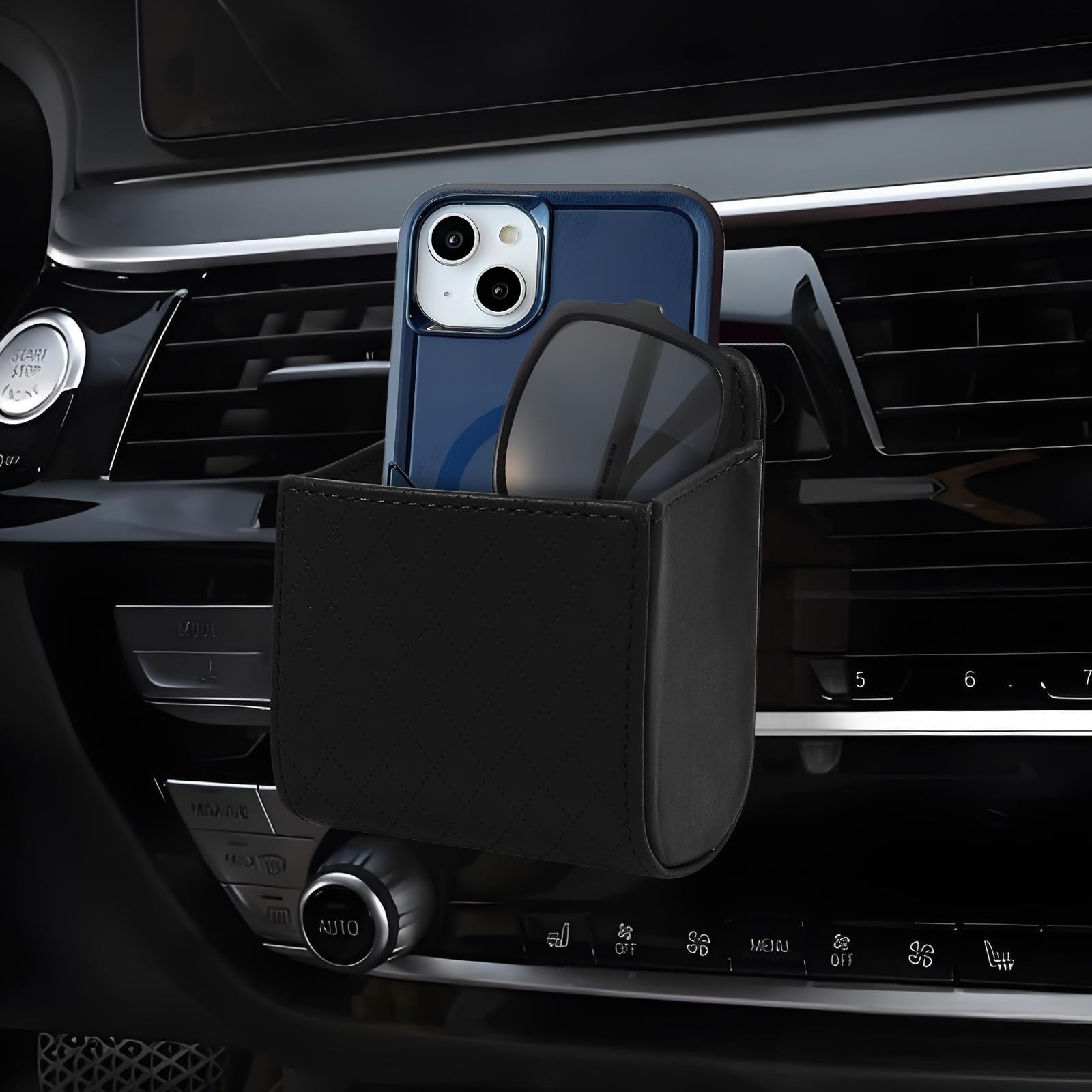 Car Vent Storage Organizer, Leather Air Vent Storage Pouch with Hook, Automot...