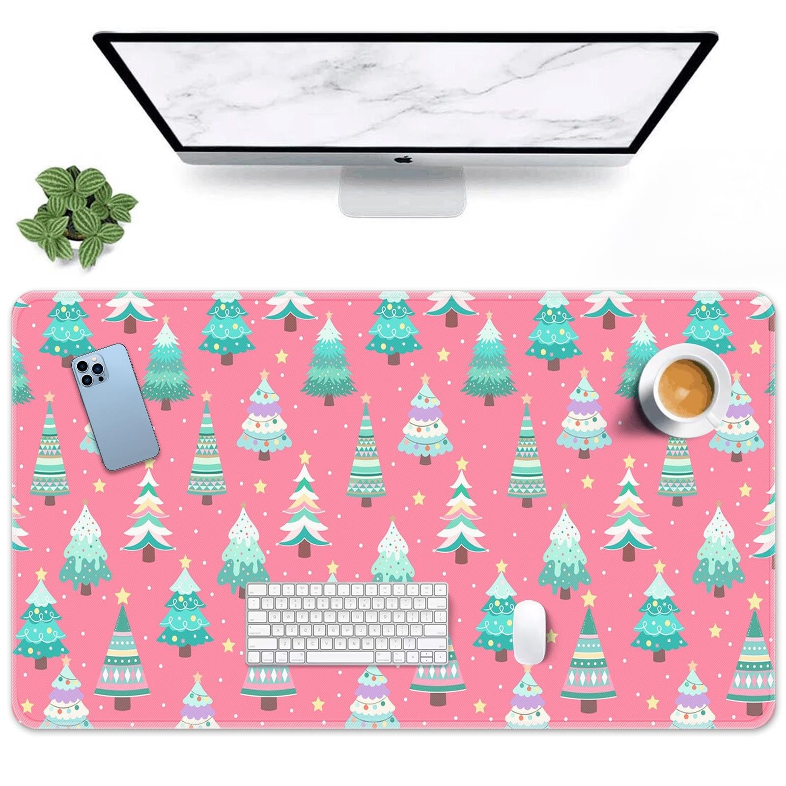 Pink Christmas Tree Large Rubber Mouse Pad Gaming Desk Mat 31.5x15.7 Inch
