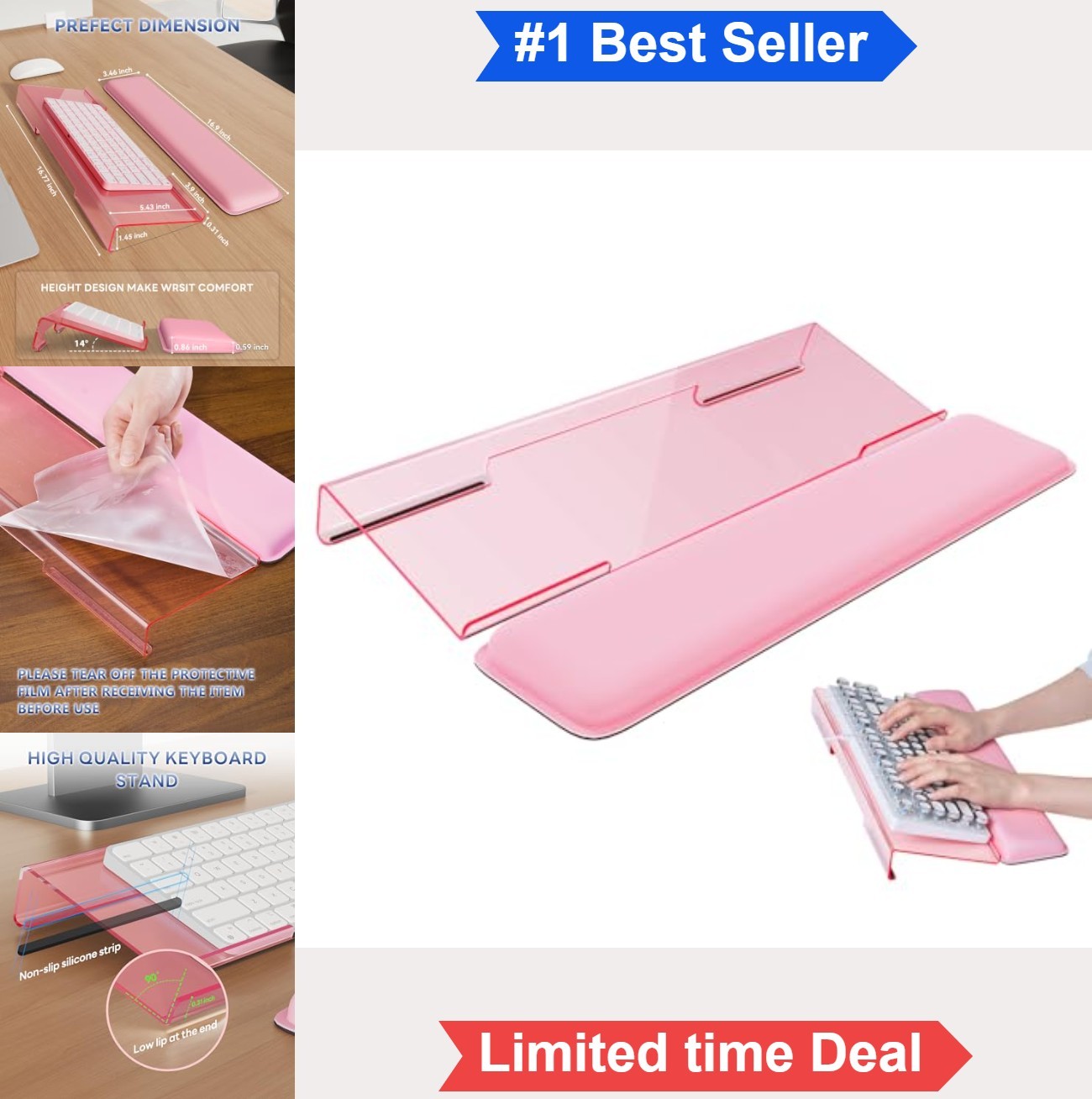 Acrylic Keyboard Riser Stand Wrist Rest Memory Foam Non Slip Ergonomic Desk