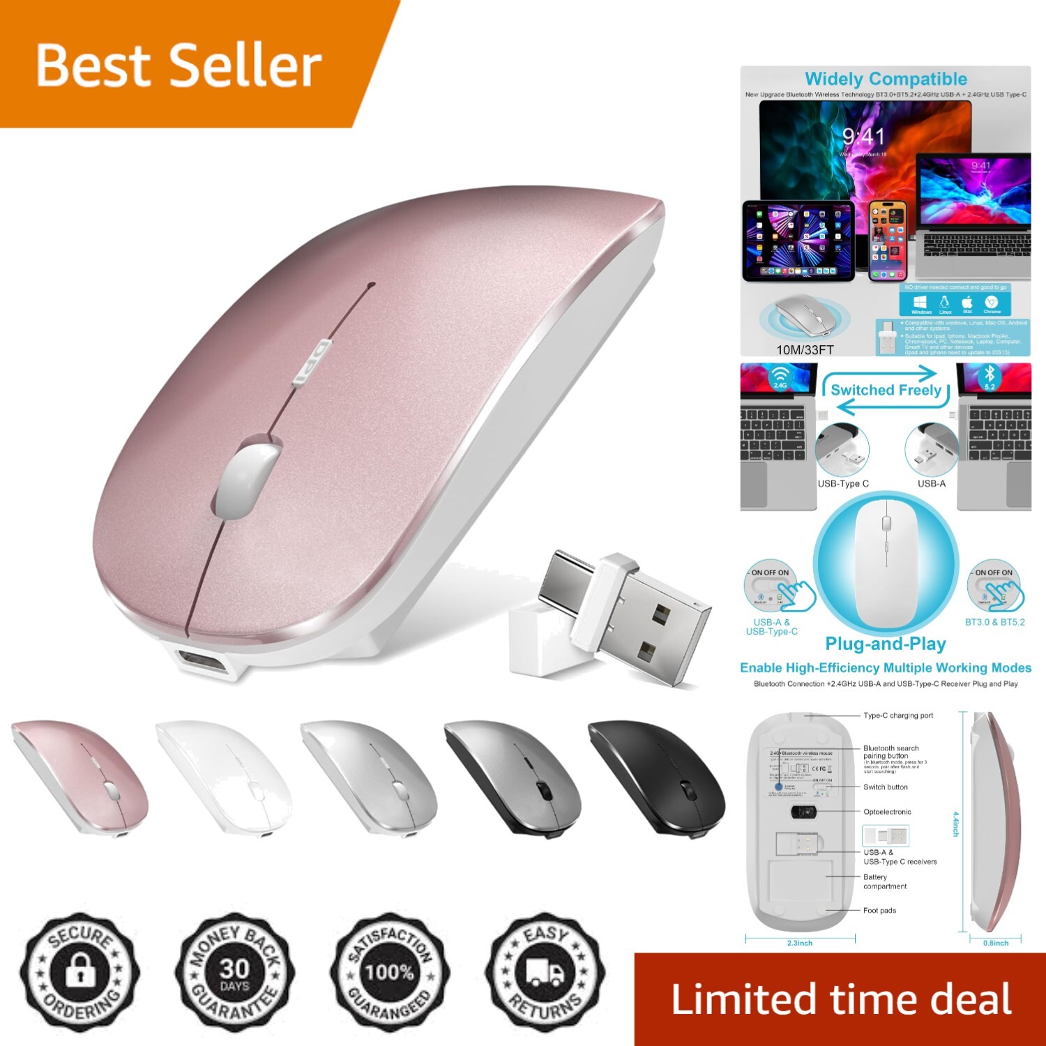 Compact & Elegant Rose Gold Bluetooth Wireless Mouse - Silent Click, Dual Mode