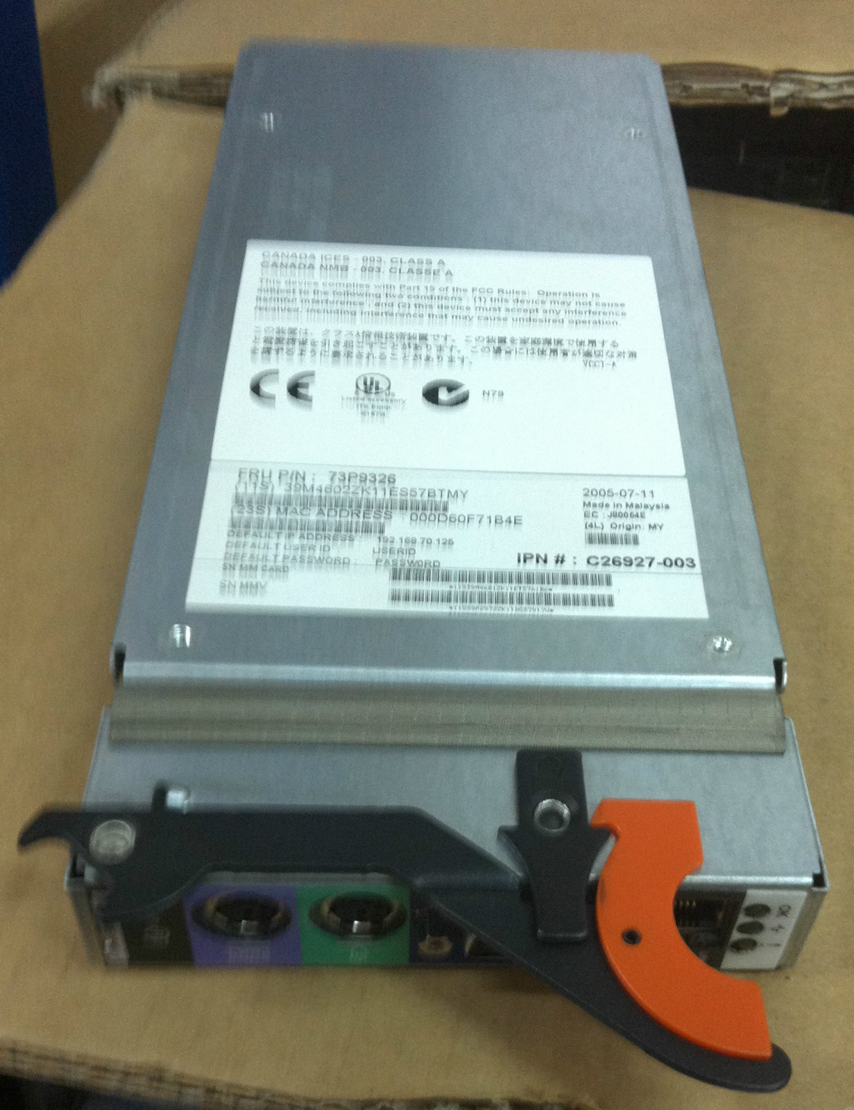 IBM 73P9326 39M4602 Bladecenter KVM REDUNDANT MANAGEMENT MODULE