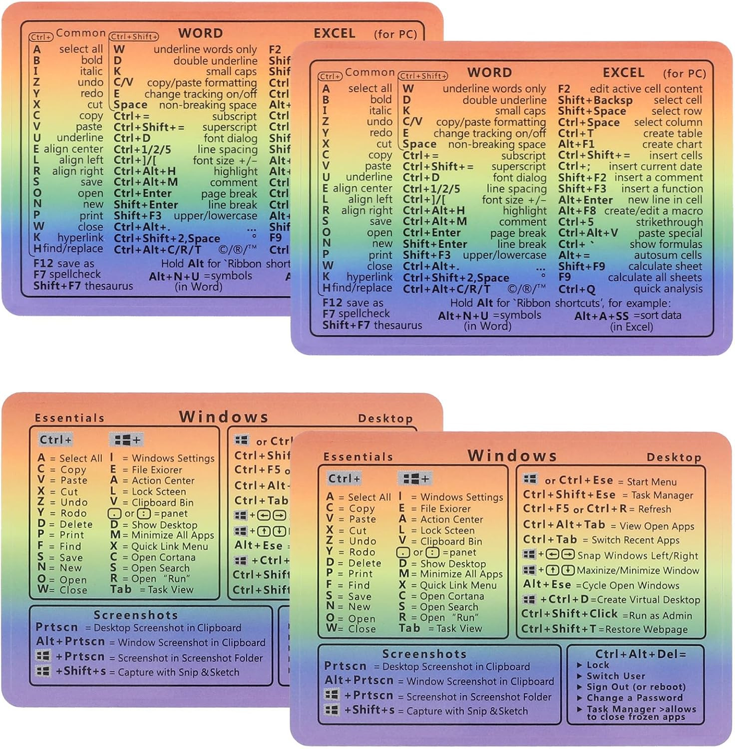 4Pcs Windows Shortcut Sticker, Excel Cheat Sheet, Shortcut Stickers for Laptop,