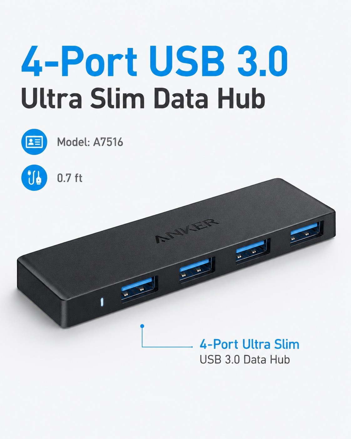 ANKER ULTRA SLIM USB 3.0 4 PORT DATA HUB | A7516 | BLACK | 0.7 ft | *Open-Box*