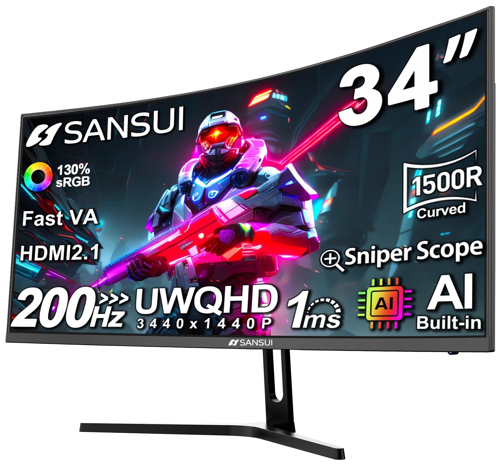34" Curved Gaming Monitor UWQHD 3440x1440 200Hz 1ms Ultrawide VA HDMI DP