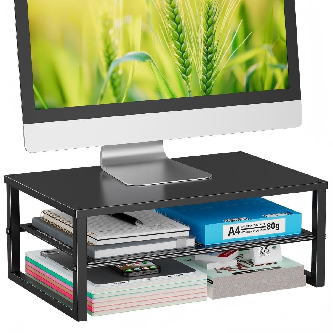 Ekisemio 2-Tier Computer Monitor Stand Riser, Desk Organizer for Black