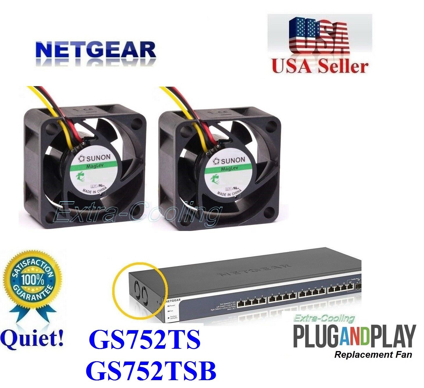 Set of 2x Quiet Replacement Fans for NETGEAR ProSAFE GS752TS GS752TSB