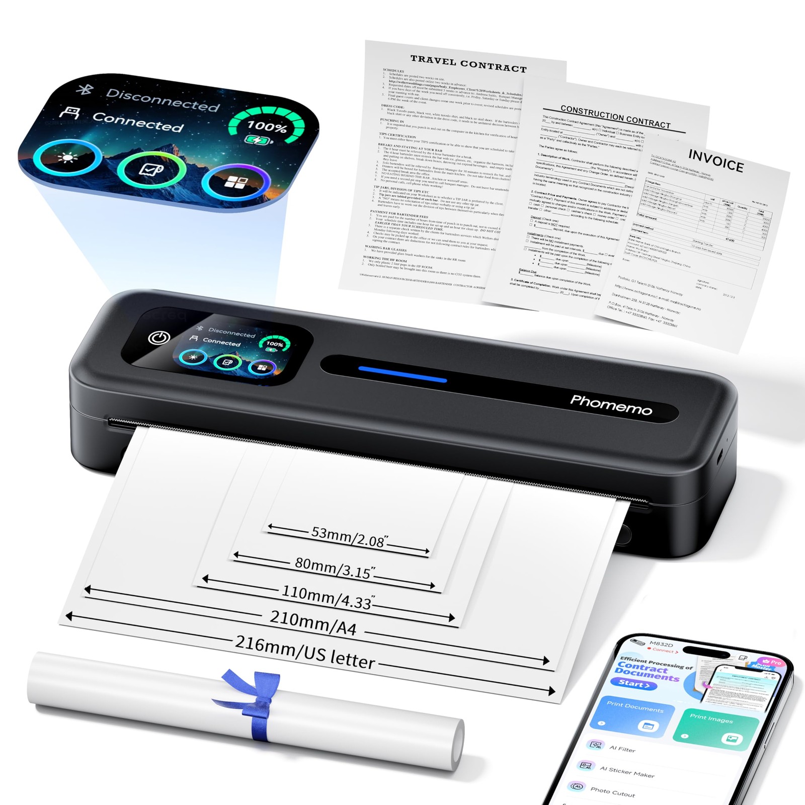 Printer Inkless Thermal Wireless Touchscreen M832D Black Portable Phomemo Travel