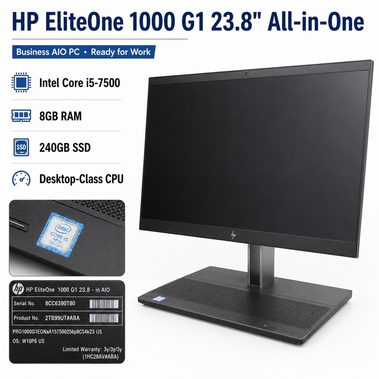 HP EliteOne 1000 G1 23.8" AIO PC i5-7500 8GB RAM 240GB SSD Win11