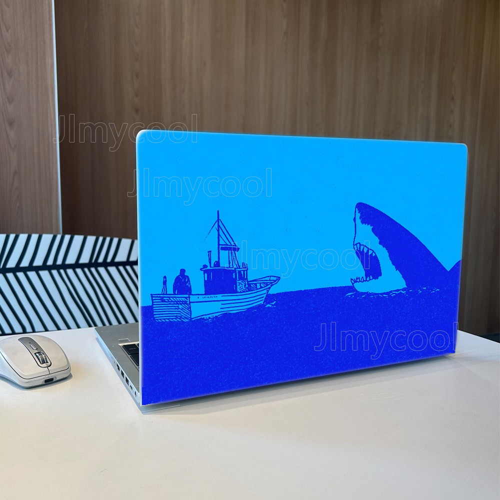 Retro Blue Monochrome Shark Boat Scene Decor Cuttable DIY Vinyl Laptop Skin