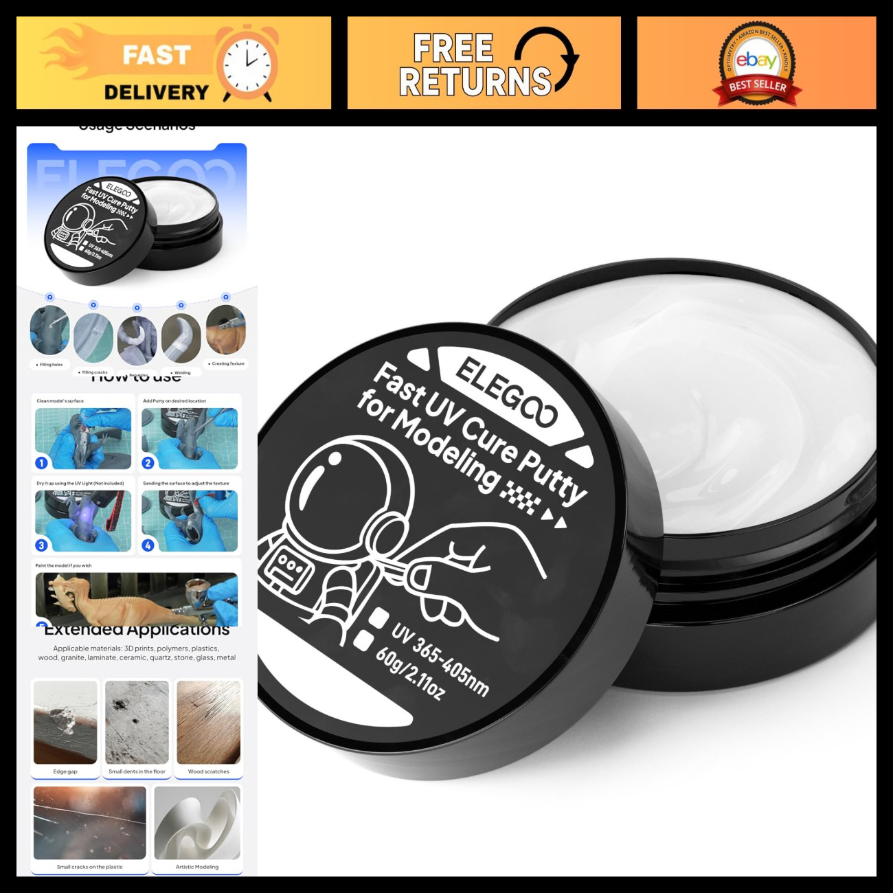 UV Resin Putty for 3D Printing - 60g White Modeling Material, Quick Cure, Easy t