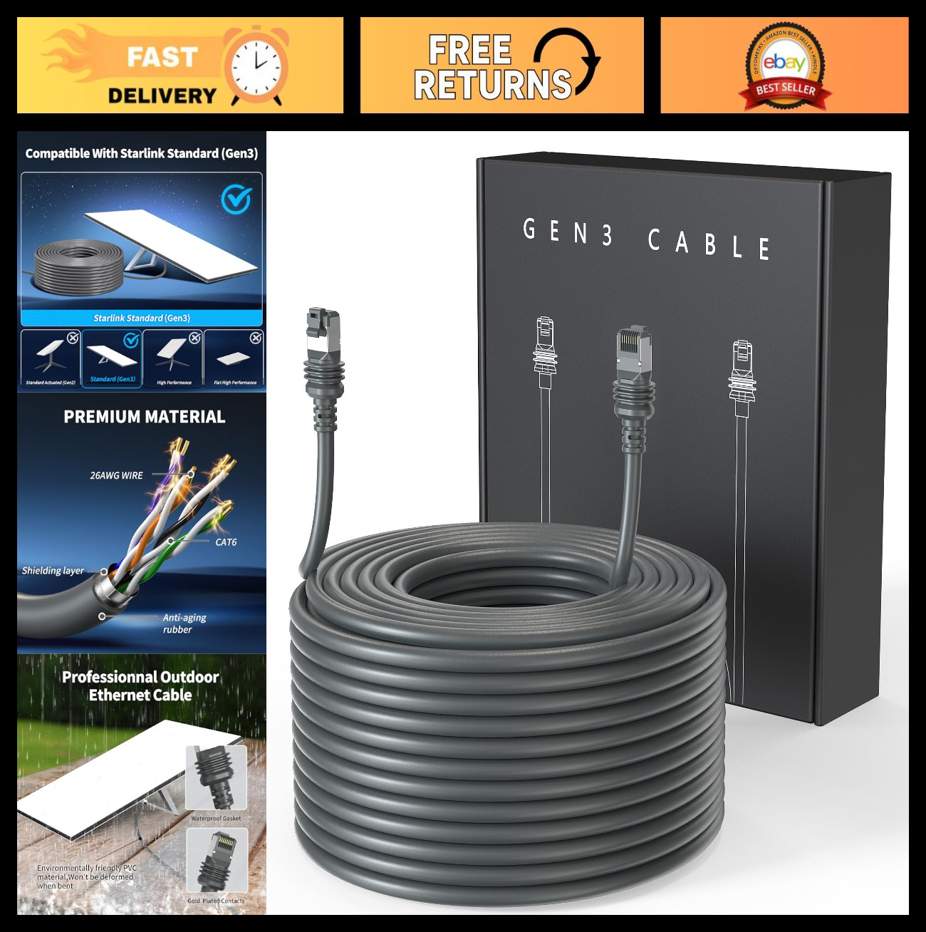 100FT Waterproof Extension Cable for Starlink Gen 3/4/4X/V4 - High-Speed Satelli