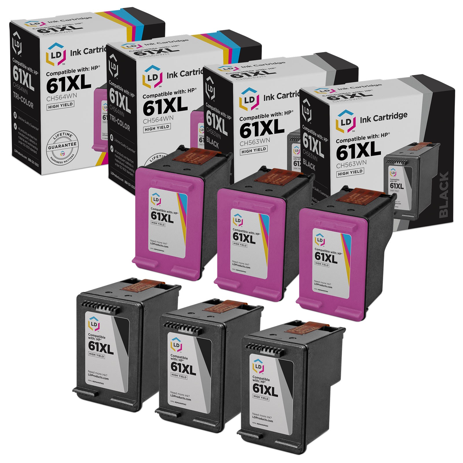 LD Replacement Replacements for HP 61XL 6pk Ink 3 CH563WN Black 3 CH564WN Color