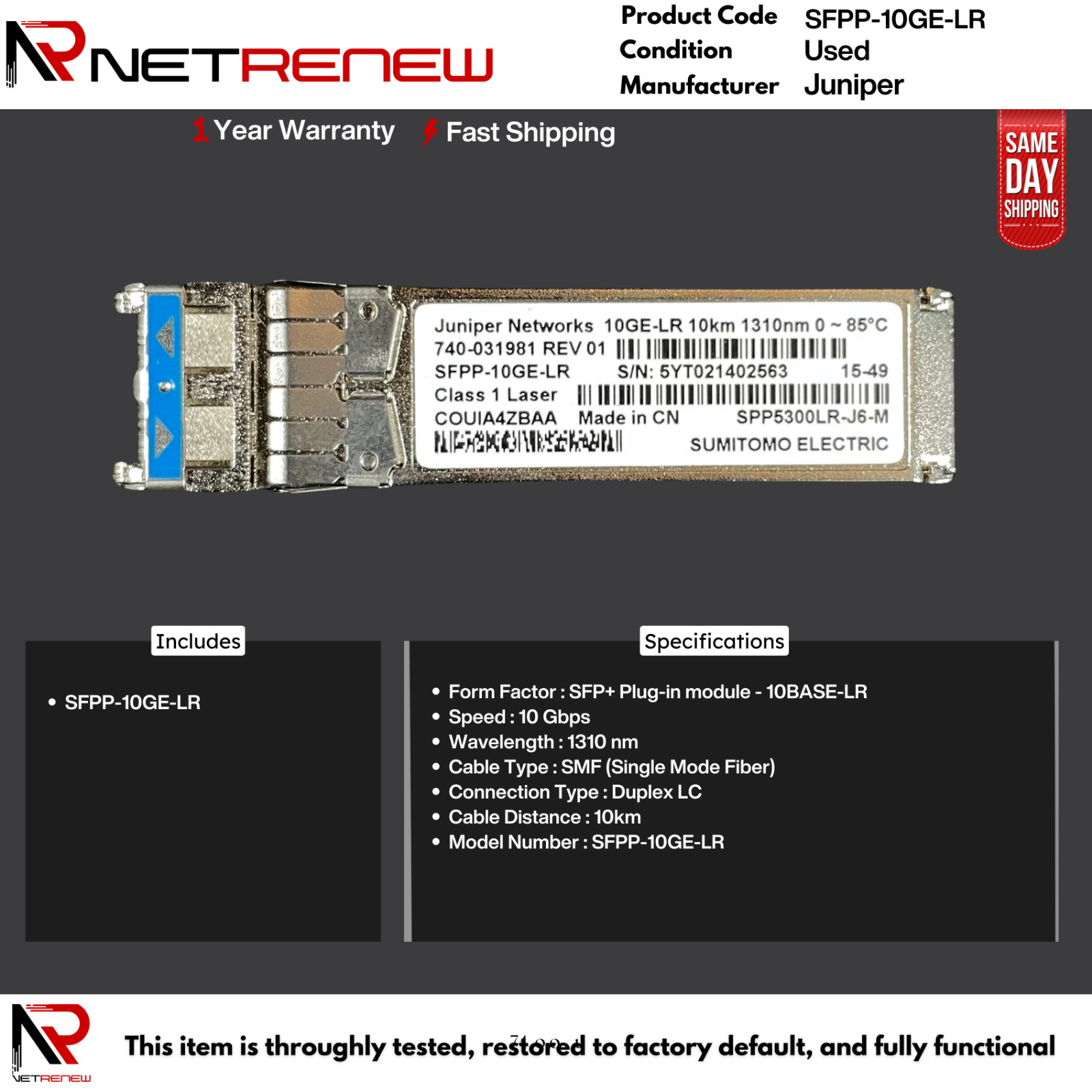Juniper Networks SFPP-10GE-LR 1310nm 10km SMF Transceiver Module