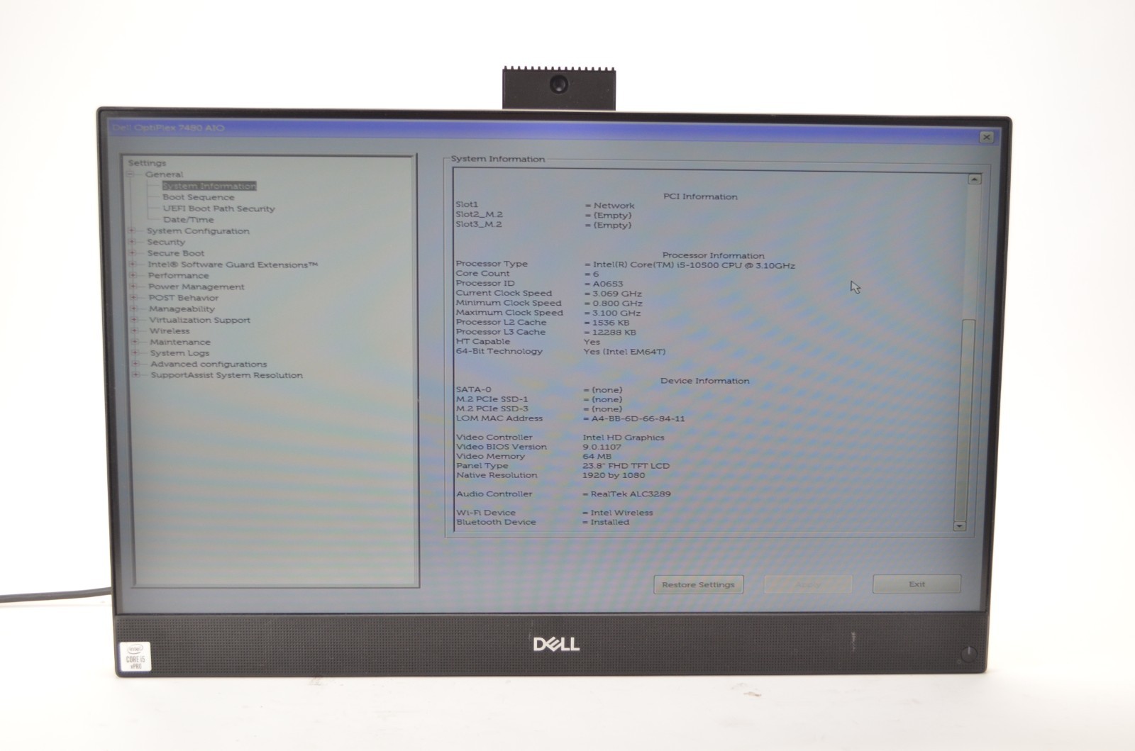 Dell Optiplex 7480 24" FHD AIO i5-10500 3.1GHz 8GB DDR4 NO HDD/OS/STAND READ