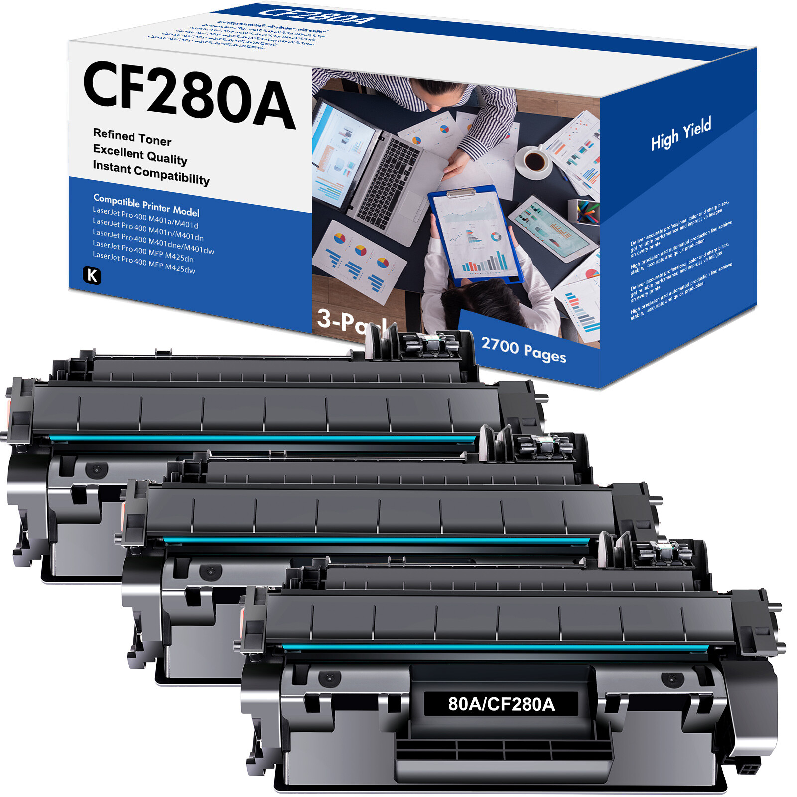 3PK CF280A 80A Black Toner Cartridge For HP Laserjet Pro M425dn M425dw M401dw