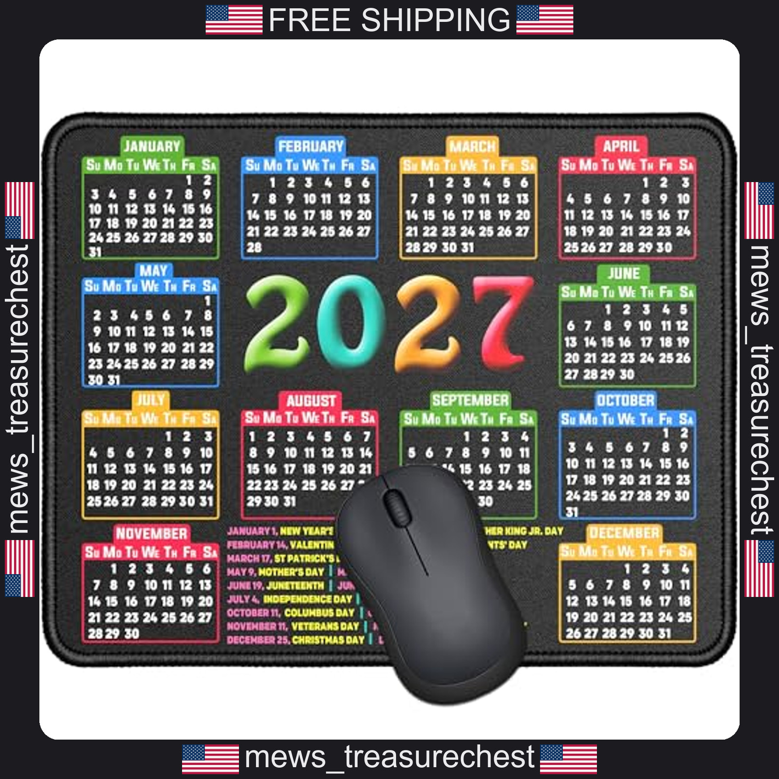 Mouse Pad with 2027 Calendar Black, Stitched Edges, Non-Slip Base