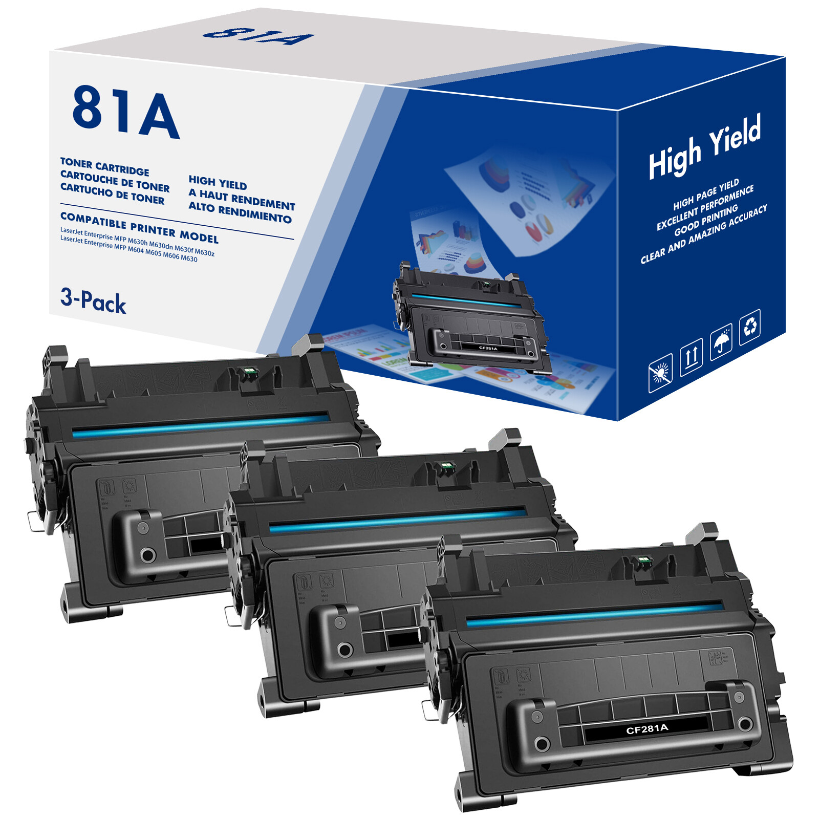 3PK CF281A BK Toner For HP 81A LaserJet Enterprise M604n M604dn M630h M630dn