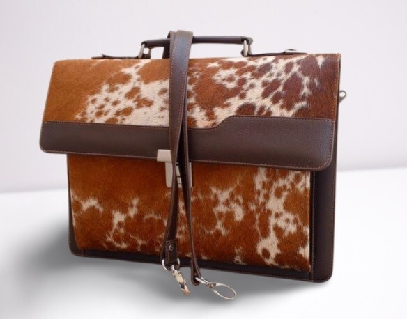 Cowhide Briefcase Bag Brown White Hair On Cow Hide Travel Bag