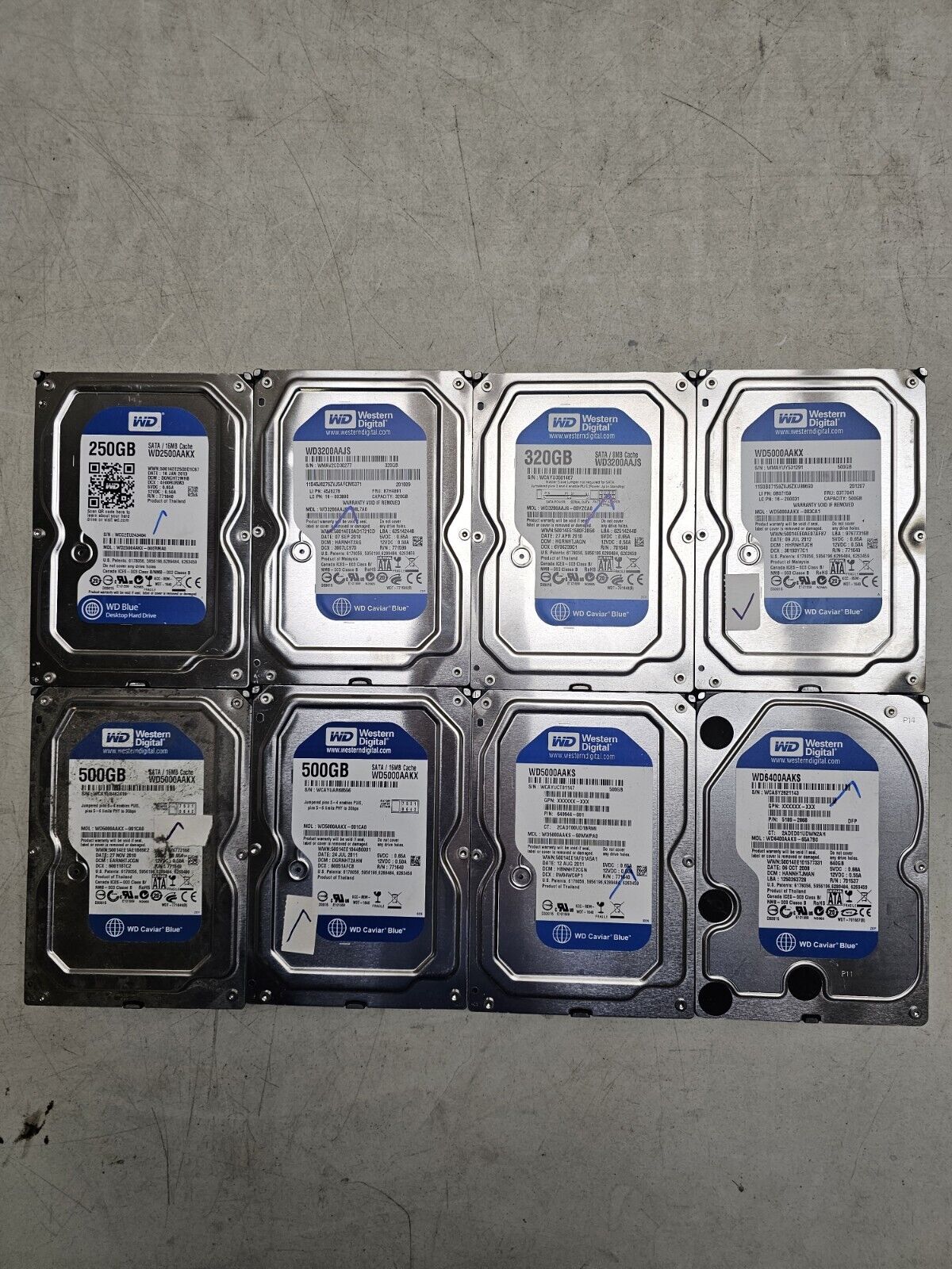 Lot of Eight Western Digital WD Blue/Caviar Blue Mix Storage Size Hard Drives