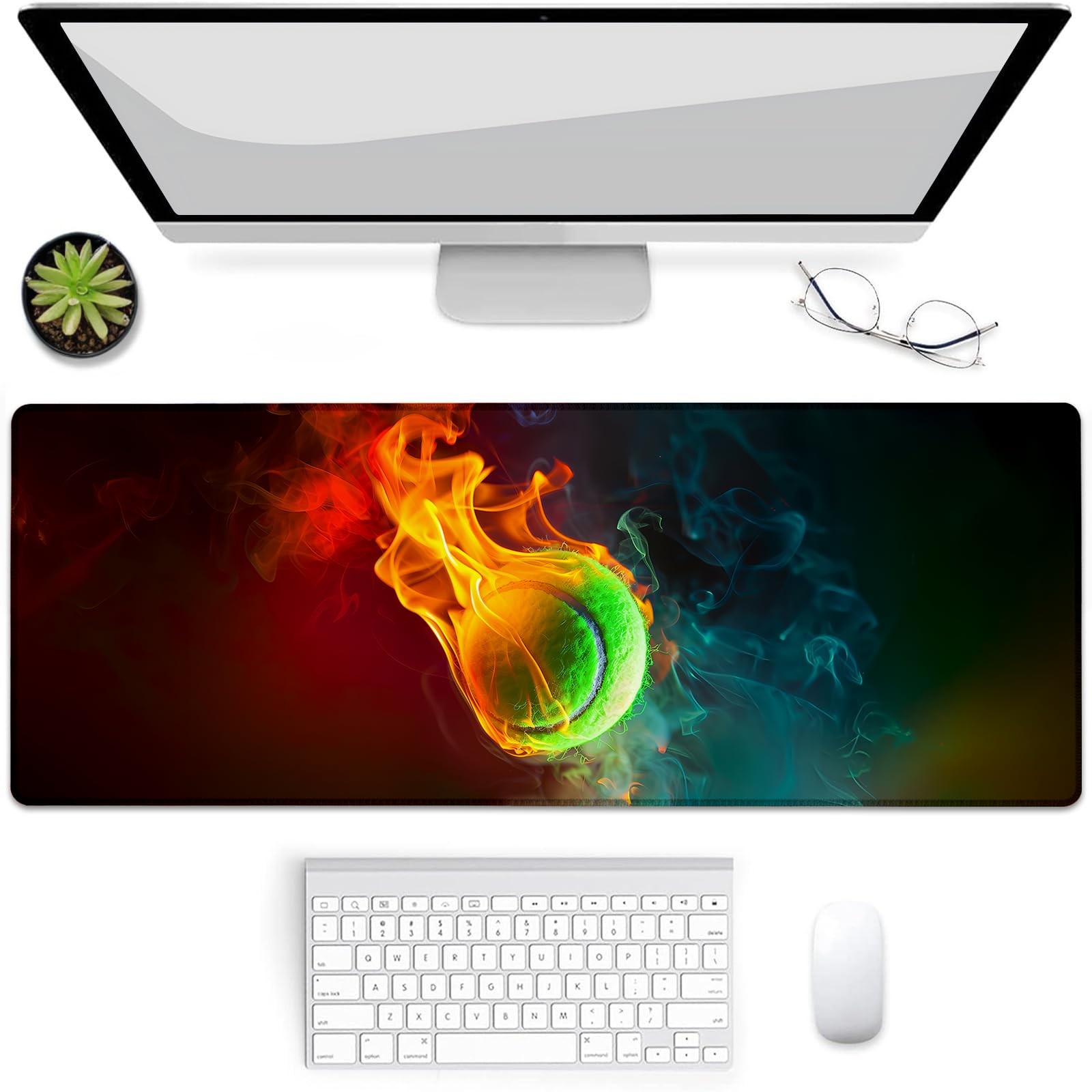 Tennis Ball Mouse Pad Large Desk Mat Abstract Fire Rubber 31.5x11.8 Inch