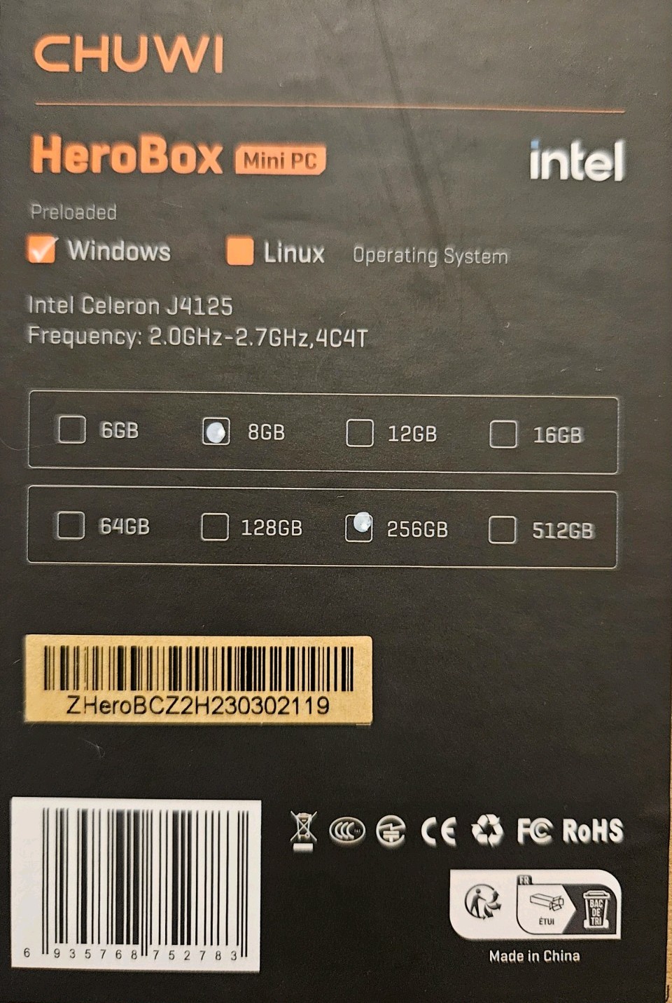 Chuwi Herobox Mini PC Intel Celeron J4125 Cpu 8GB RAM 256GB SSD Windows