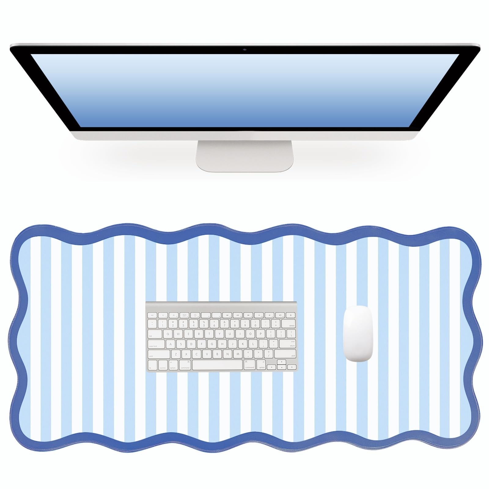Scalloped Desk Mat 31.5" x 15.7", Cute Blue White Stripe Large Pad Keyboard P...
