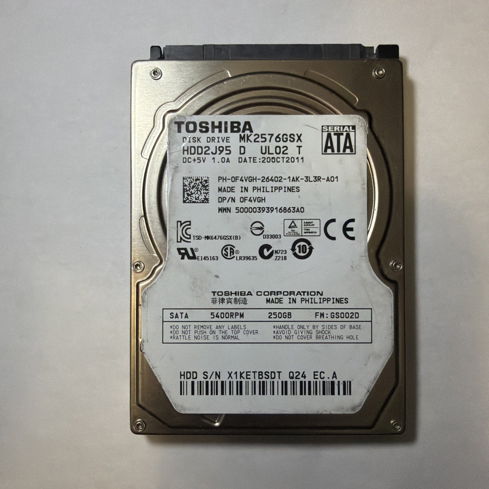 250 GB 2.5" SATA Toshiba MK2576GSX X1KETBSDT | TESTED | GRADE A P/N: HDD2J95