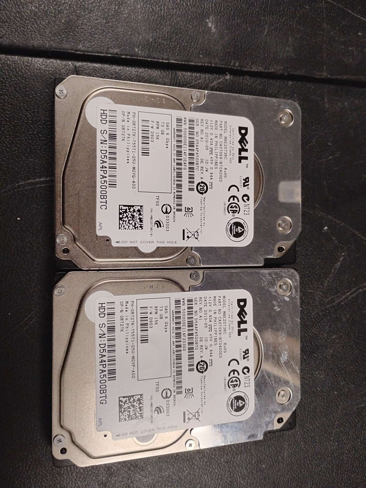 Lot Of 2 Dell MBE2073RC 73GB 2.5" 6Gb/s 16MB 15K RPM SAS Drive Dell P/N: 0R727K