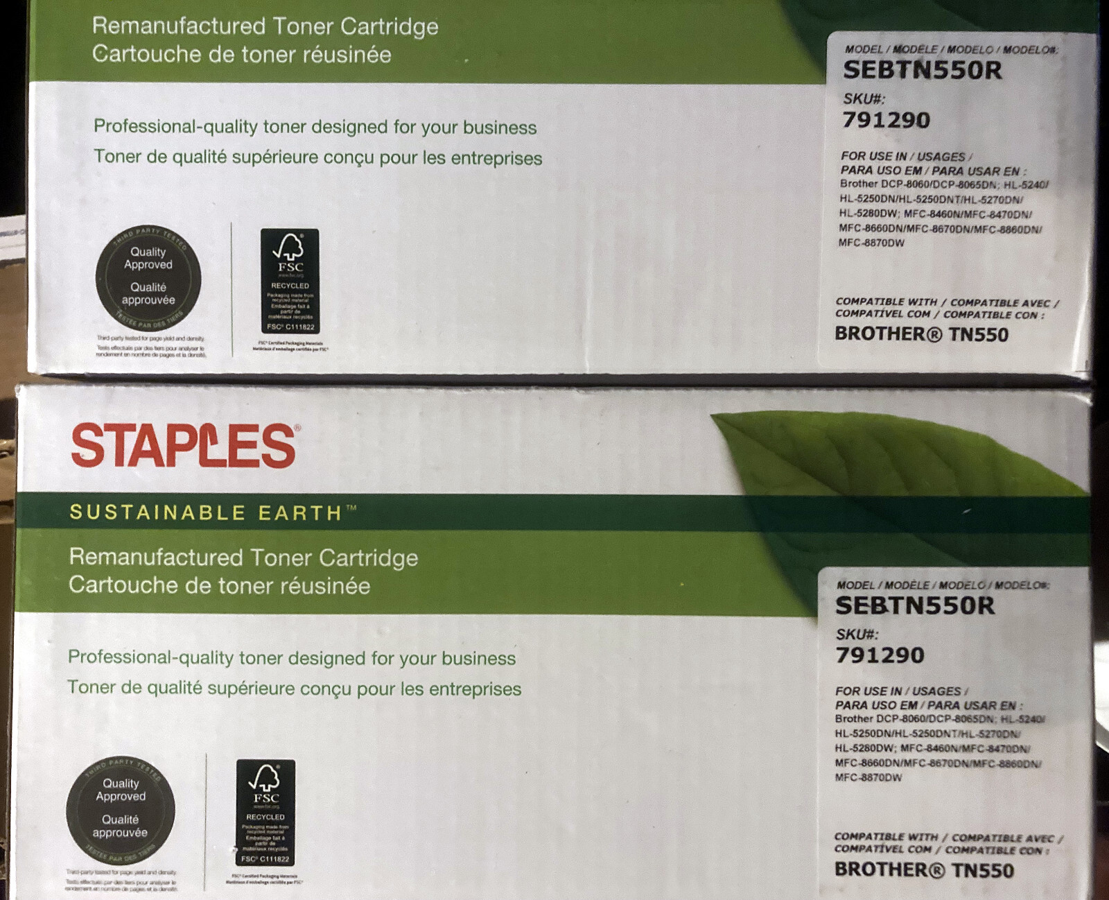 2 X Staples Store Brand SEBTN550R Toner Catridges To Replace Brother TN550