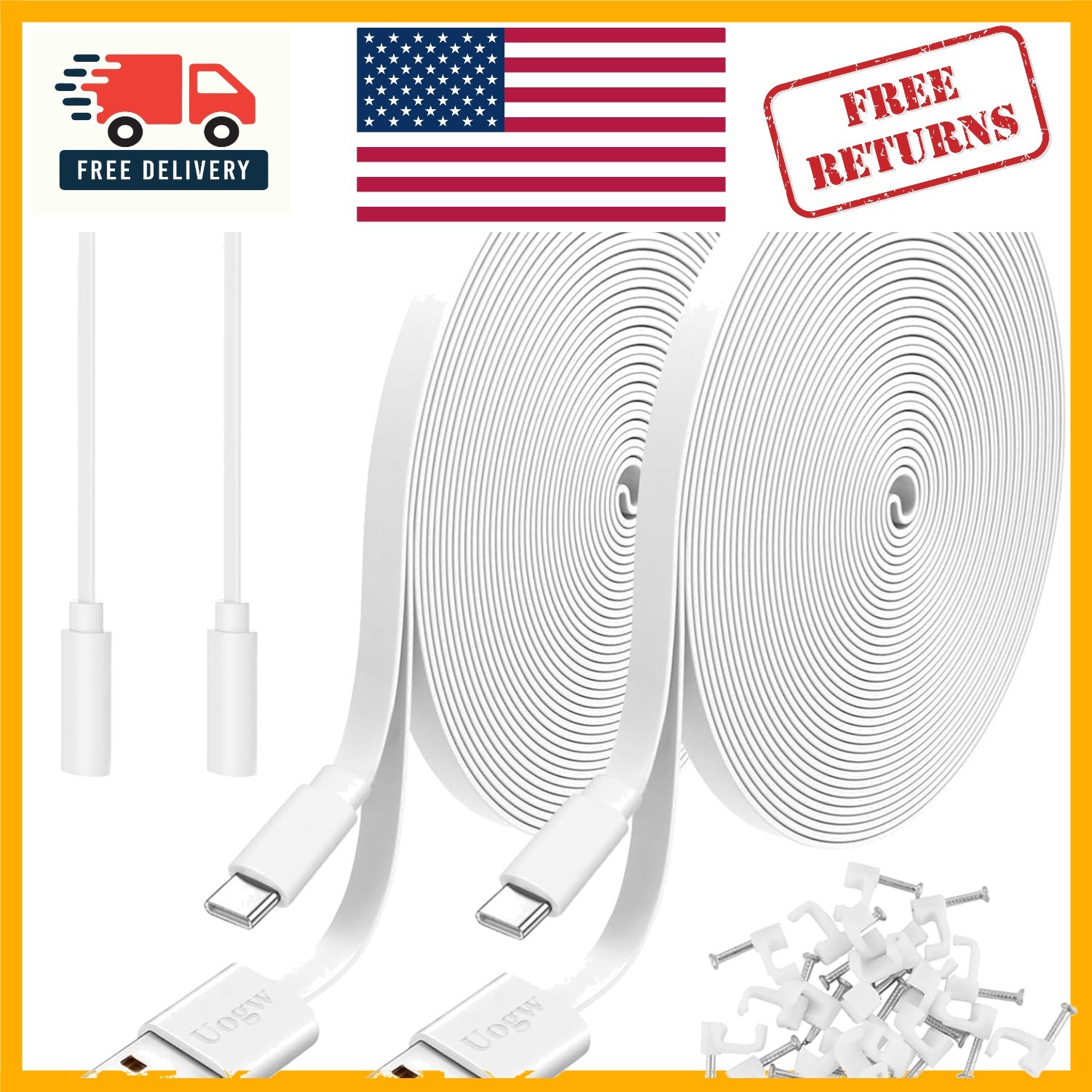 Flexible 10FT Power Cable for Indoor & Outdoor Security Cameras - 2 Count